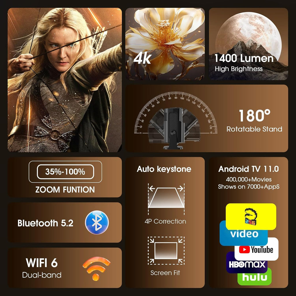 [App integrado] 2025 Upgraded Projetor portátil 1920 x 1080P 4K Supote videoprojetor duplo controlo TV WiFi 6 BT5.2 180° rotação HDMI/TV Stick/USB/PS5/Laptop, com cabo HDMI e rato preto