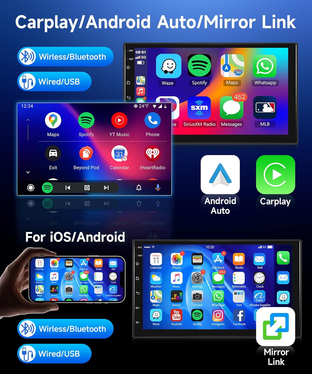 4G+64G Wireless Carplay Android 13 Car Radio 2 DIN with Android Auto GPS Navi WiFi 7 Inch Touchscreen Car Radio with Mirror Link Bluetooth FM/RDS/32EQ/AI DSP/Dab/OBD/DVR/SWC Rear Camera