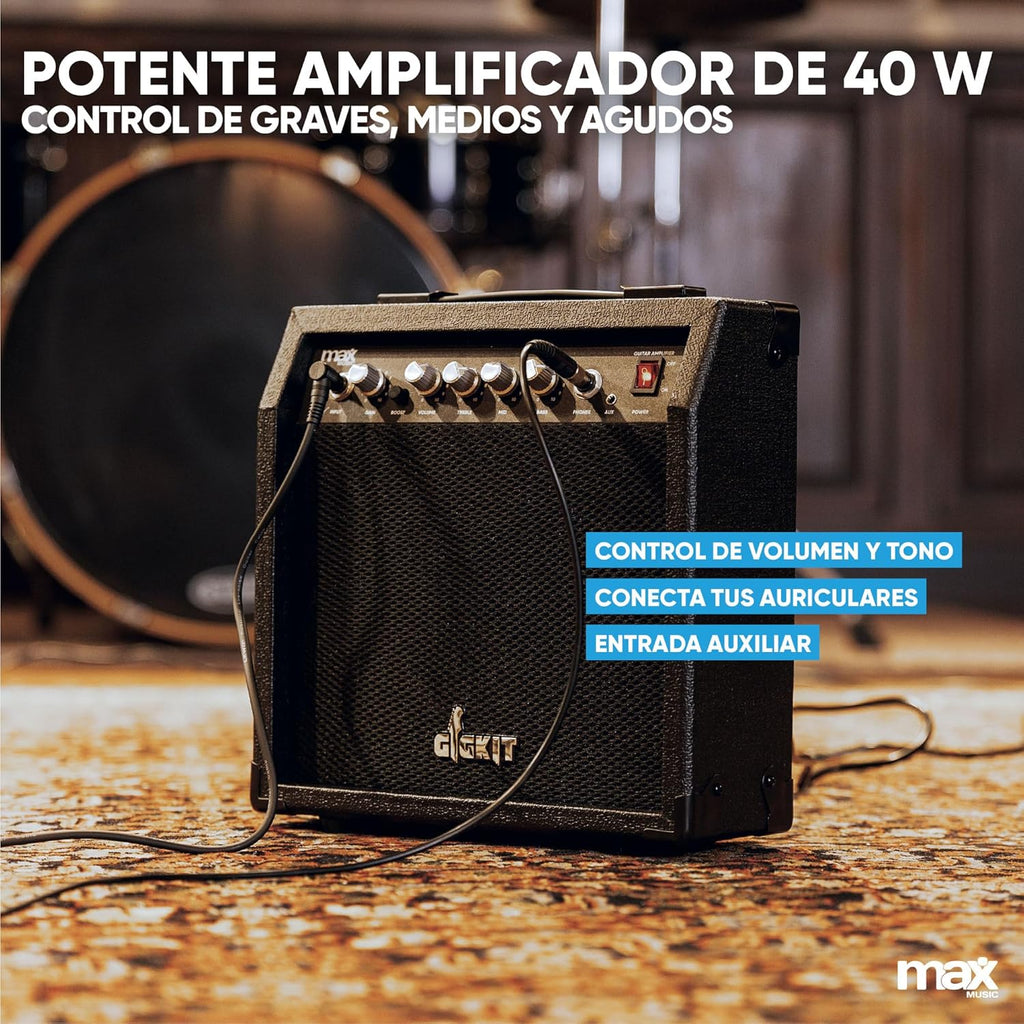MAX GigKit Pack guitarra elétrica azul escuro Quilted com amplificador de 40 W, ajustador, capa, correia e conjunto de cordas, conjunto de iniciação completo para iniciantes ou presente musical