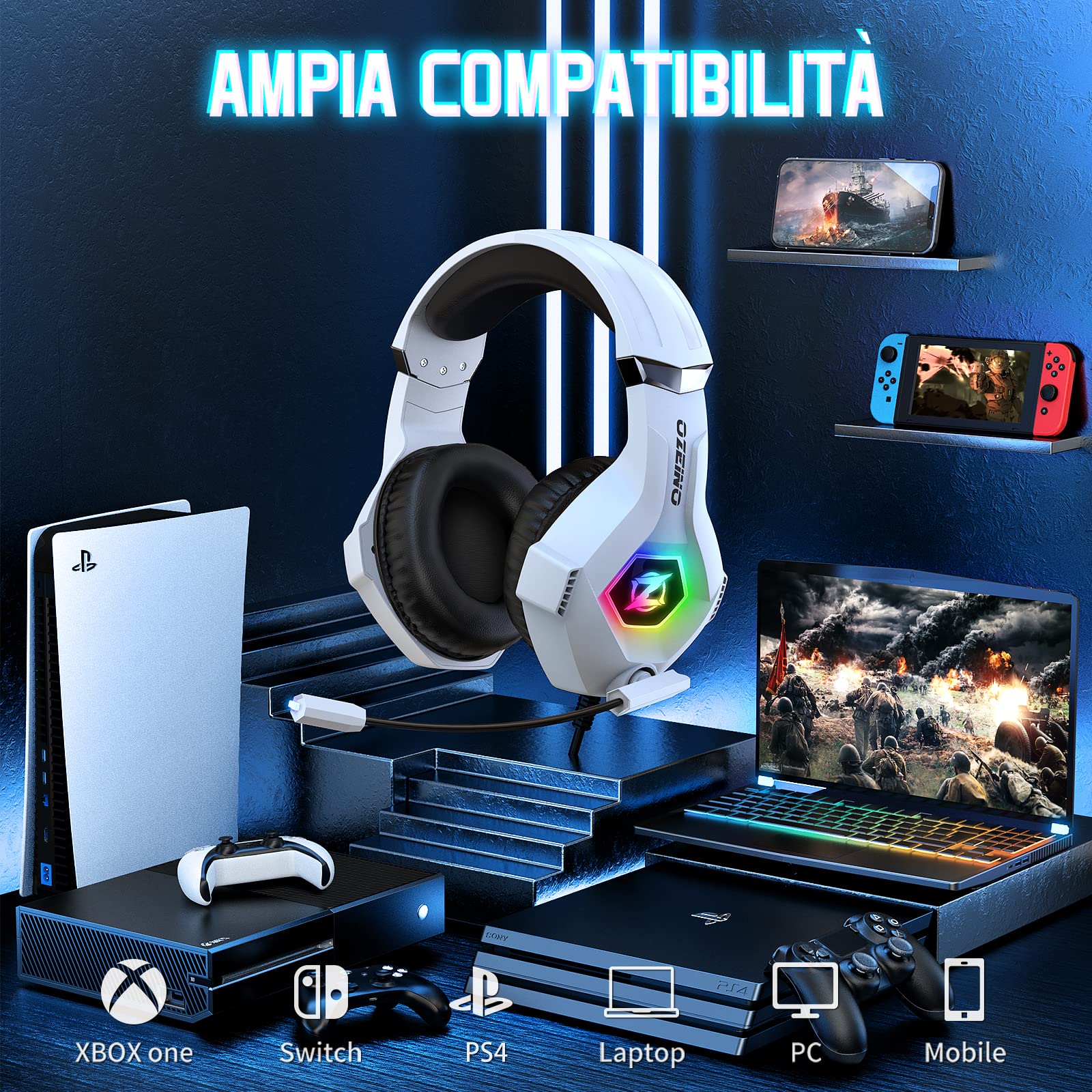 Gaming headset, gaming headset with rotating microphone, RGB light, premium stereo, lightweight comfortable earmuffs, for PS4 PS5 Xbox PC Switch Tablet Laptop 