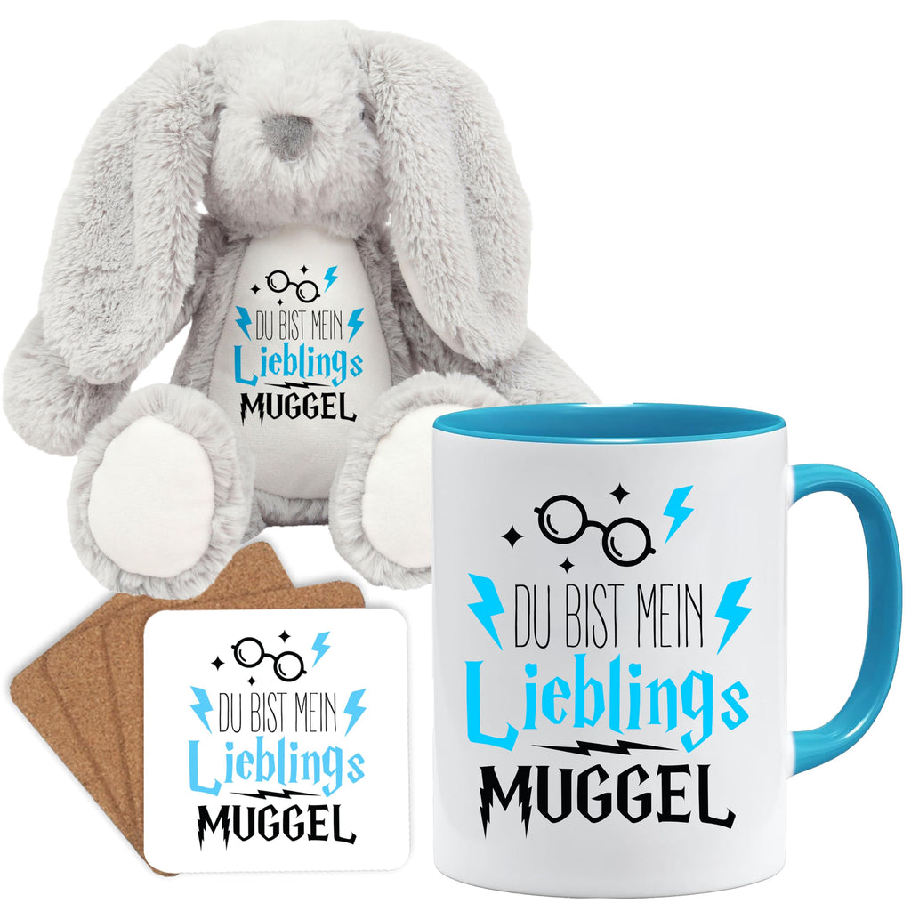 Jungle Mug Caneca de presente divertida com frase | Du bist mein lieblings Mugggel | ideia de presente | ideia de presente para amigo (Teddy, caneca e conjunto de porta-copos (amarelo))