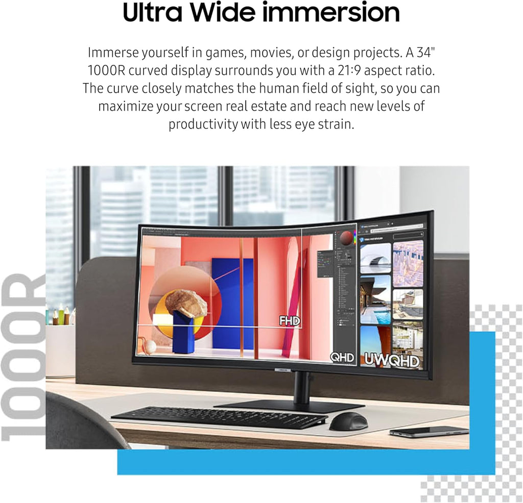 Samsung 34-Inch ViewFinity S65VC Series Ultra-WQHD Curved Computer Monitor, 100Hz, AMD FreeSync, HDR10, USB-C, Built-in Speaker, Camera, KVM Switch, Eye Care, Eco-Packaging, LS34C650VANXGO, Black