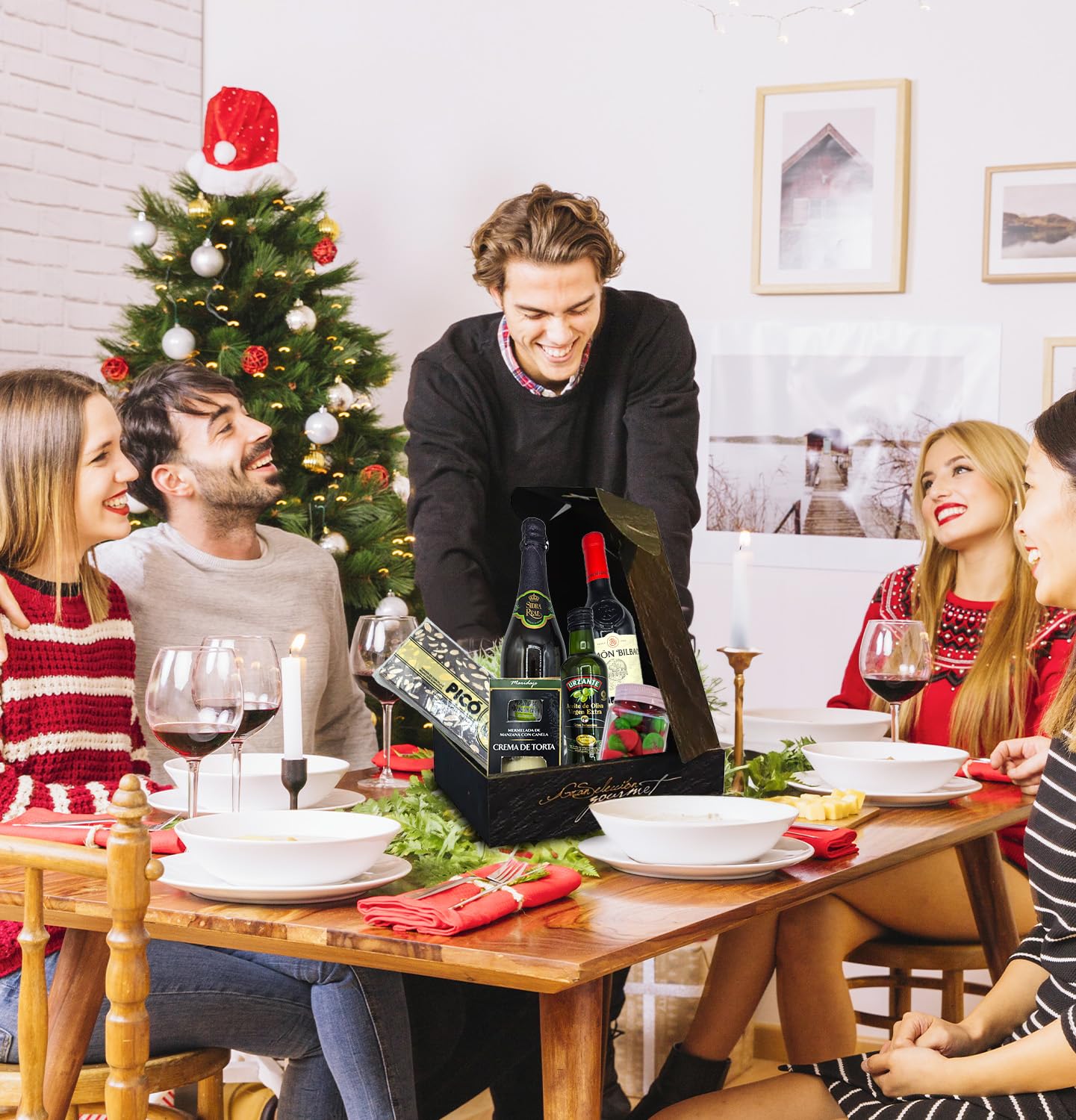 Cesto Gourmet para oferecer M | Perfeita como presente cesta de Natal para empresas, presunto ibérico de isca vinho tempranillo creme de morcela e creme de sobretudo par par PX pack polvones e balões