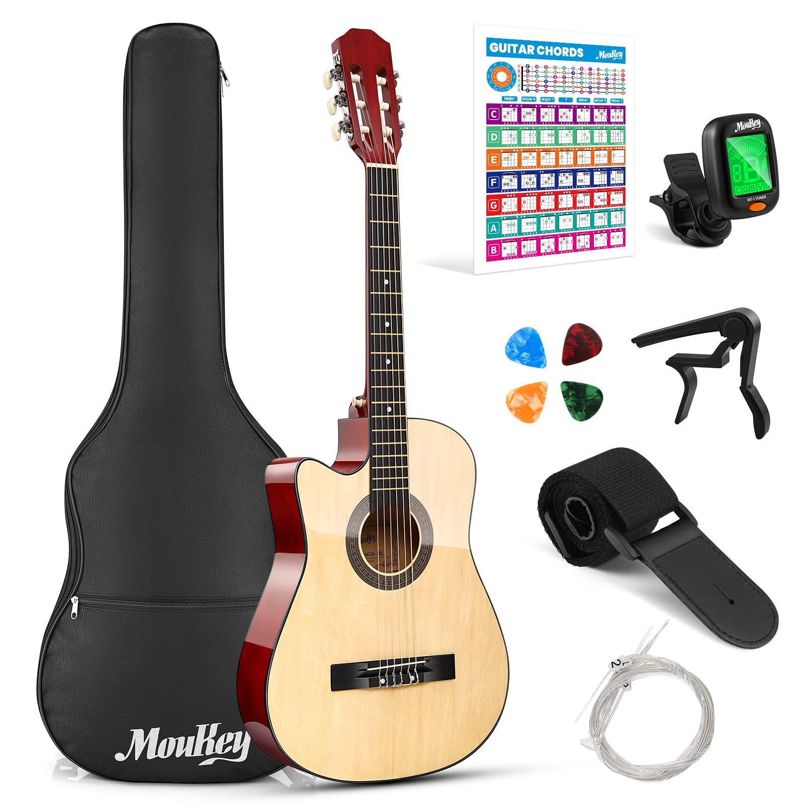 Moukey Acoustic Guitar Full Size Kits for Beginners Adults 4/4 de 41" Guitar Bundles com Chord Poster, Gig Bag, Tuner, Steel Strings, Strap, natural