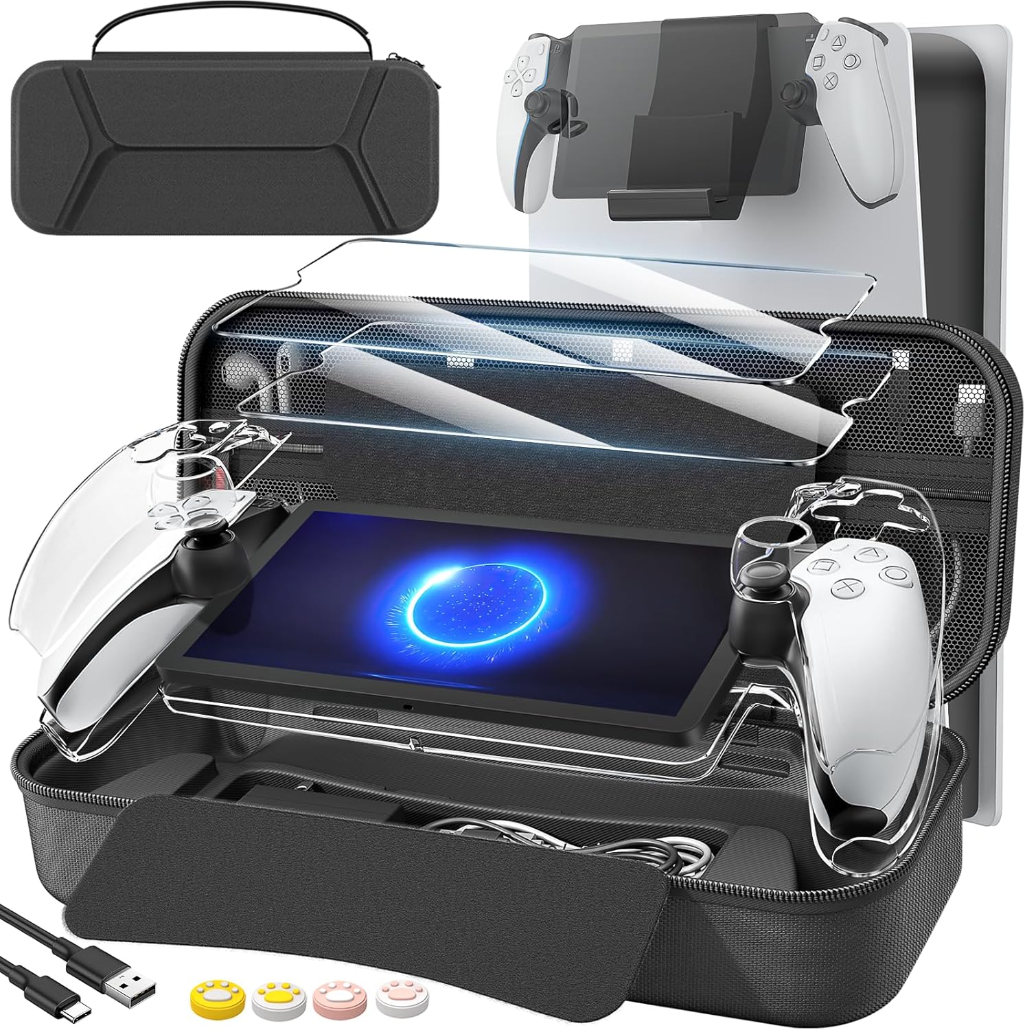 daydayup Juego de accesorios 14 en 1 compatible con PlayStation Portal Remote Player, bolsa de transporte y soporte para percha con 2 protectores de pantalla y 4 asas para pulgar, paquete de