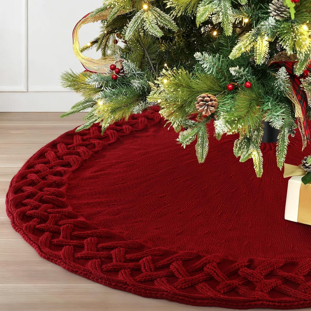 Dremisland Saia grande para árvore de Natal 92 cm saia de árvore rústica tecida de malha neve esteira de saia de bordeaux tapete redondo tapete para férias ano novo