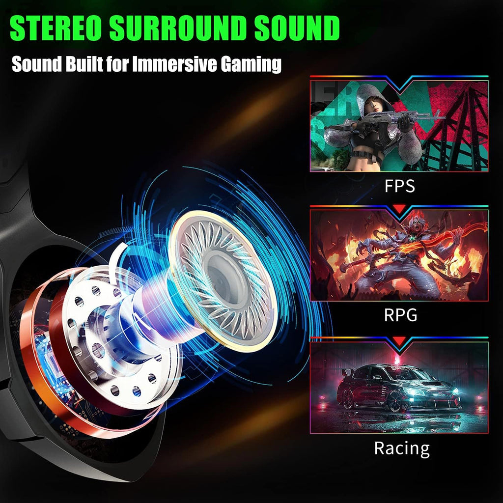 Gaming headset, gaming headset with rotating microphone, RGB light, premium stereo, lightweight comfortable earmuffs, for PS4 PS5 Xbox PC Switch Tablet Laptop 