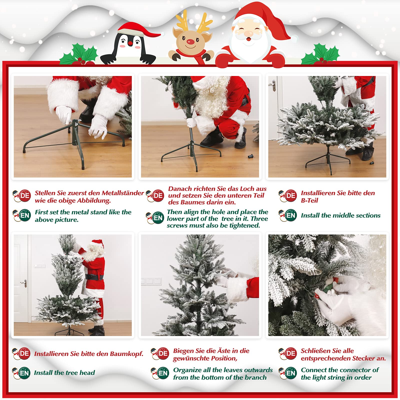 Yorbay Árvore de Natal artificial, com luzes LED e flocos de neve, decoração natalícia, suporte em metal (150 cm)