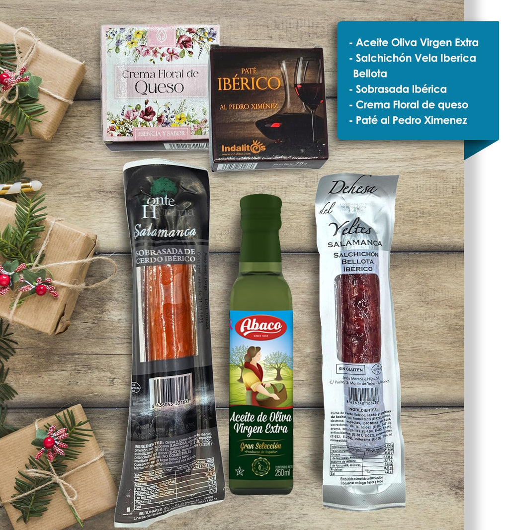 Cesto Gourmet para oferecer M | Perfeita como presente cesta de Natal para empresas, presunto ibérico de isca vinho tempranillo creme de morcela e creme de sobretudo par par PX pack polvones e balões