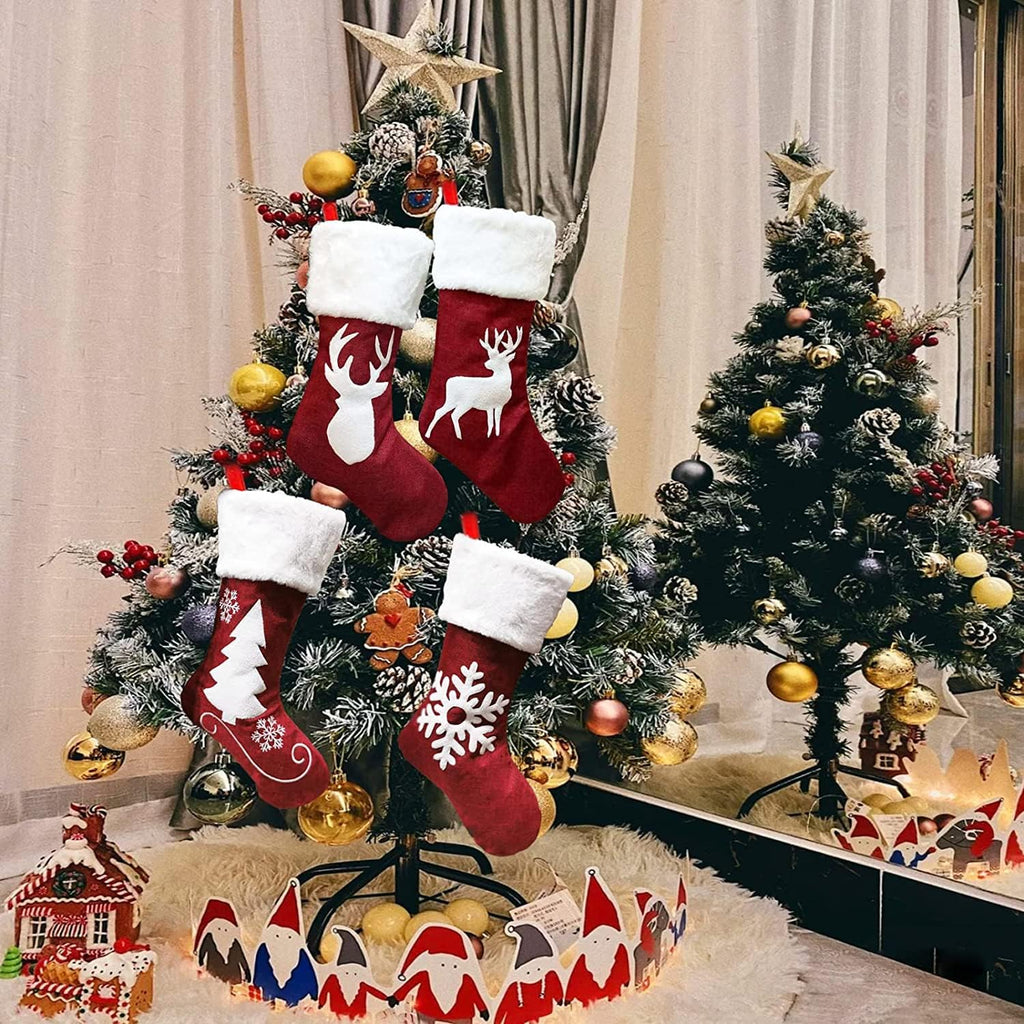 Dremisland 4 peças meia de Natal grande 46 cm meias de Natal bolsa de presente bordado de boneco neve rena média de Natal ornamento de Natal saco de doces