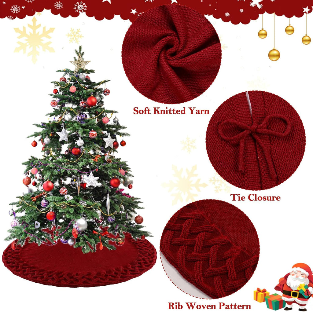 Dremisland Saia grande para árvore de Natal 92 cm saia de árvore rústica tecida de malha neve esteira de saia de bordeaux tapete redondo tapete para férias ano novo