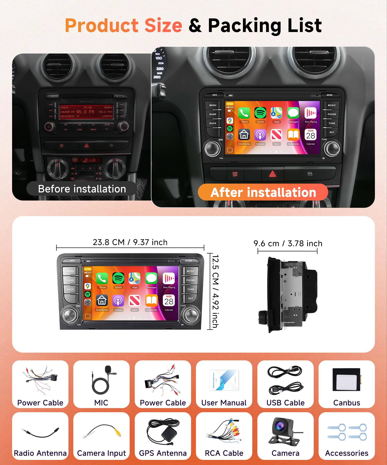 6G+128G 8 Core Wireless Carplay Android Car Radio for Audi A3 8P A3 8P1 S3 RS3 8P RS3 Sportback 7 Inch Car Radio Android Auto GPS Navi WiFi Mirror Link Bluetooth FM/RDS/DSP Rear Camera