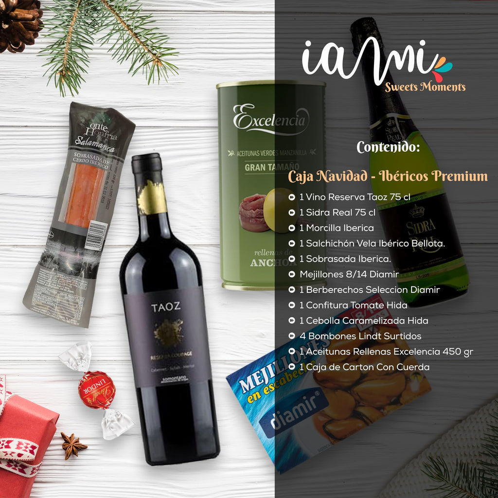 Cesto Gourmet para oferecer M | Perfeita como presente cesta de Natal para empresas, presunto ibérico de isca vinho tempranillo creme de morcela e creme de sobretudo par par PX pack polvones e balões