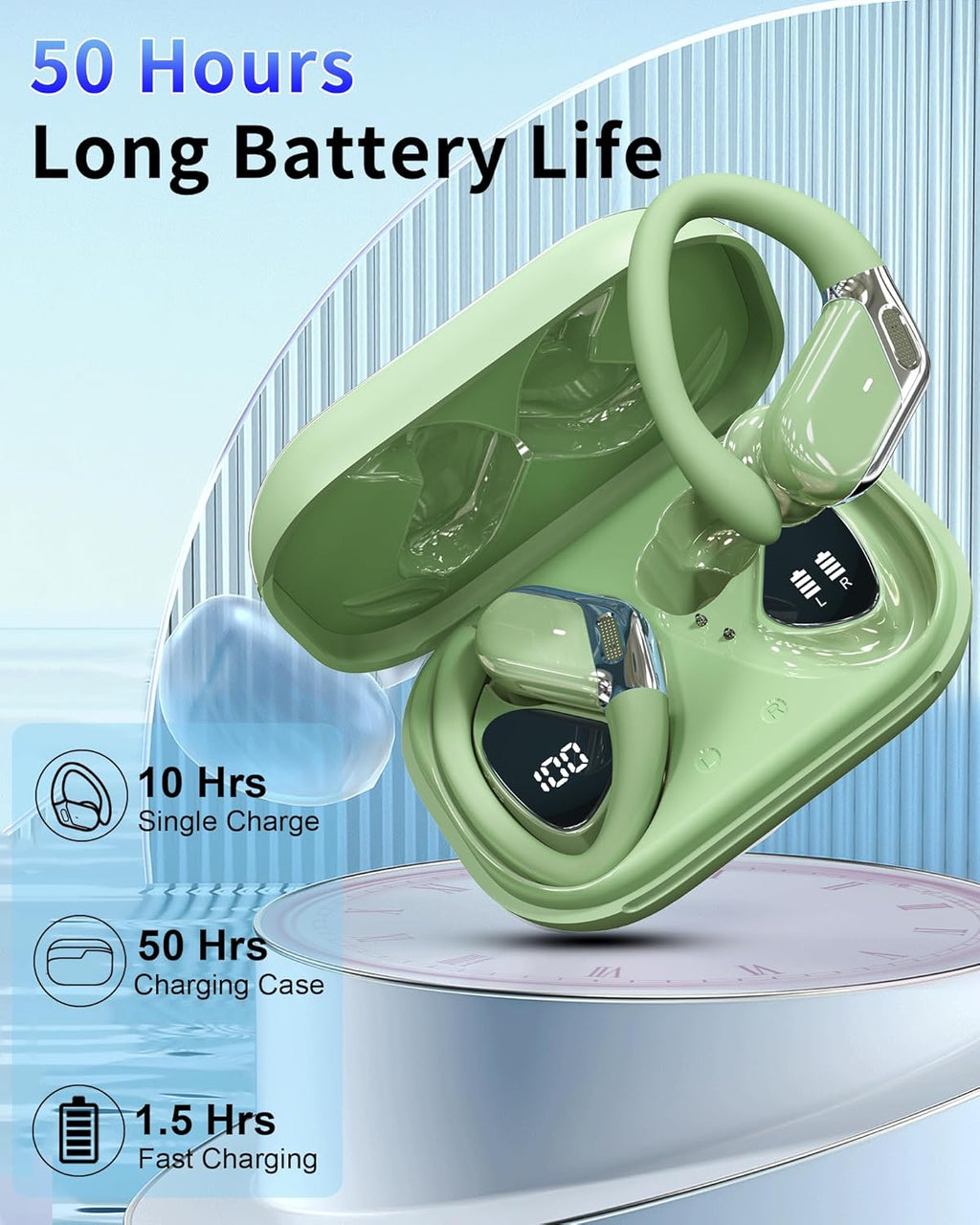 Bluetooth Headphones, 5.4 Sports Headphones, 50 Hours Wireless Earphones In Ear Noise Cancelling ENC and 4 HD Mic, IP7 Waterproof Earphones Without HiFi Stereo