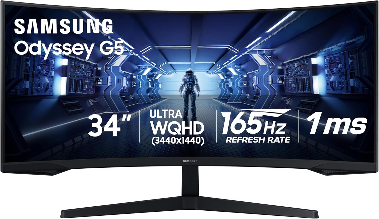 SAMSUNG 34' Odyssey G5 Ultra-Wide Gaming Monitor with 1000R Curved Screen, 165Hz, 1ms, FreeSync Premium, Large Display, Eye Comfort, Multiple Ports, WQHD, LC34G55TWWNXZA, Black