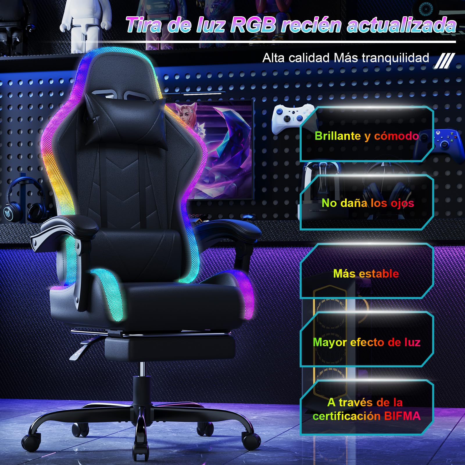 Devoko Cadeira de jogos com massajador e LED, cadeira de escritório ergonómica com apoio para os pés, cadeiras de jogos para escritório e jogos com iluminação RGB(branco)