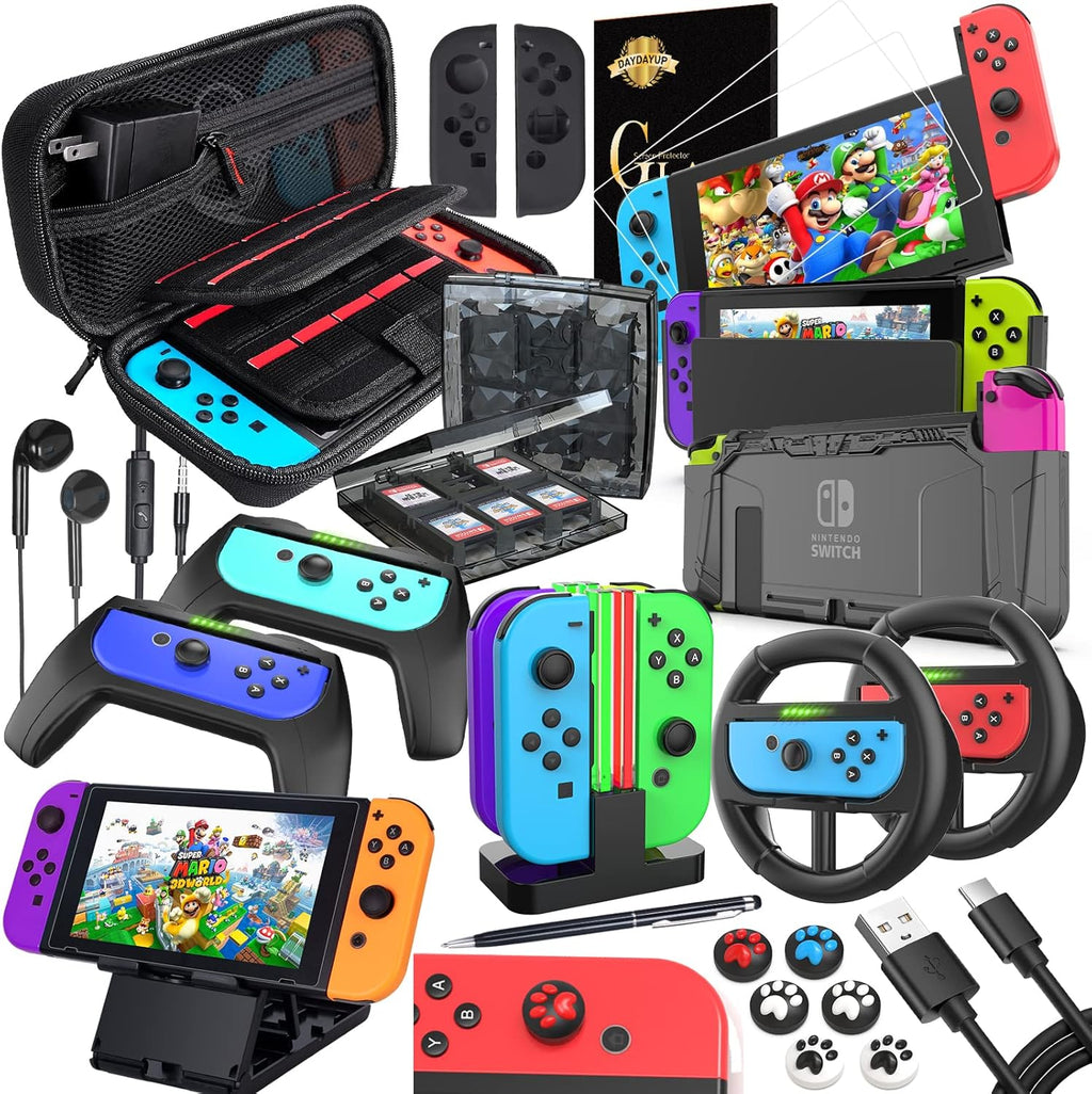 Kit de acessórios 18 em 1 para Nintendo Switch, com protetor de ecrã, suporte para jogos, tampa do disjuntor, tampa do Joystick, proteção do carregador para Joy-con Joystick