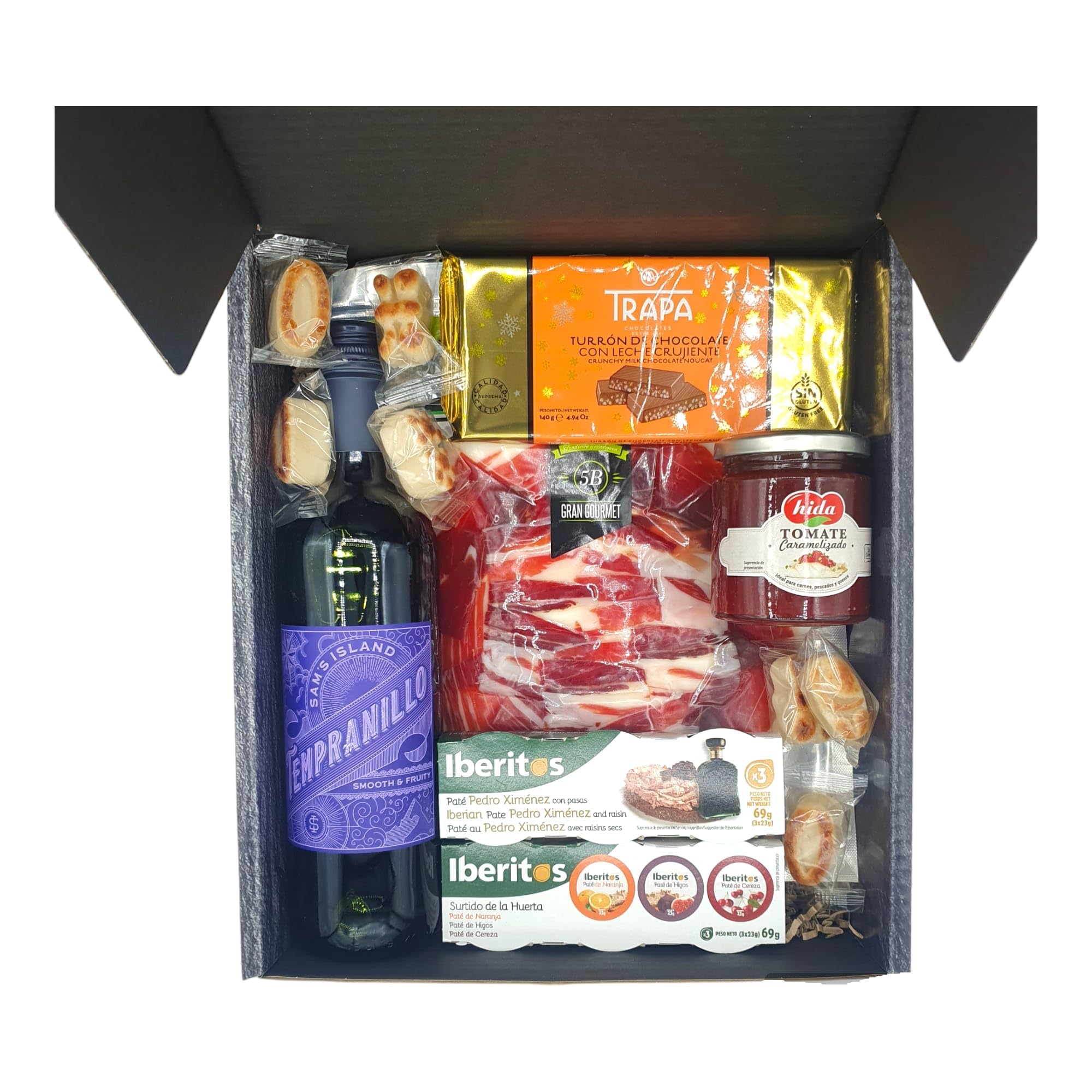 Cesto Gourmet para oferecer M | Perfeita como presente cesta de Natal para empresas, presunto ibérico de isca vinho tempranillo creme de morcela e creme de sobretudo par par PX pack polvones e balões