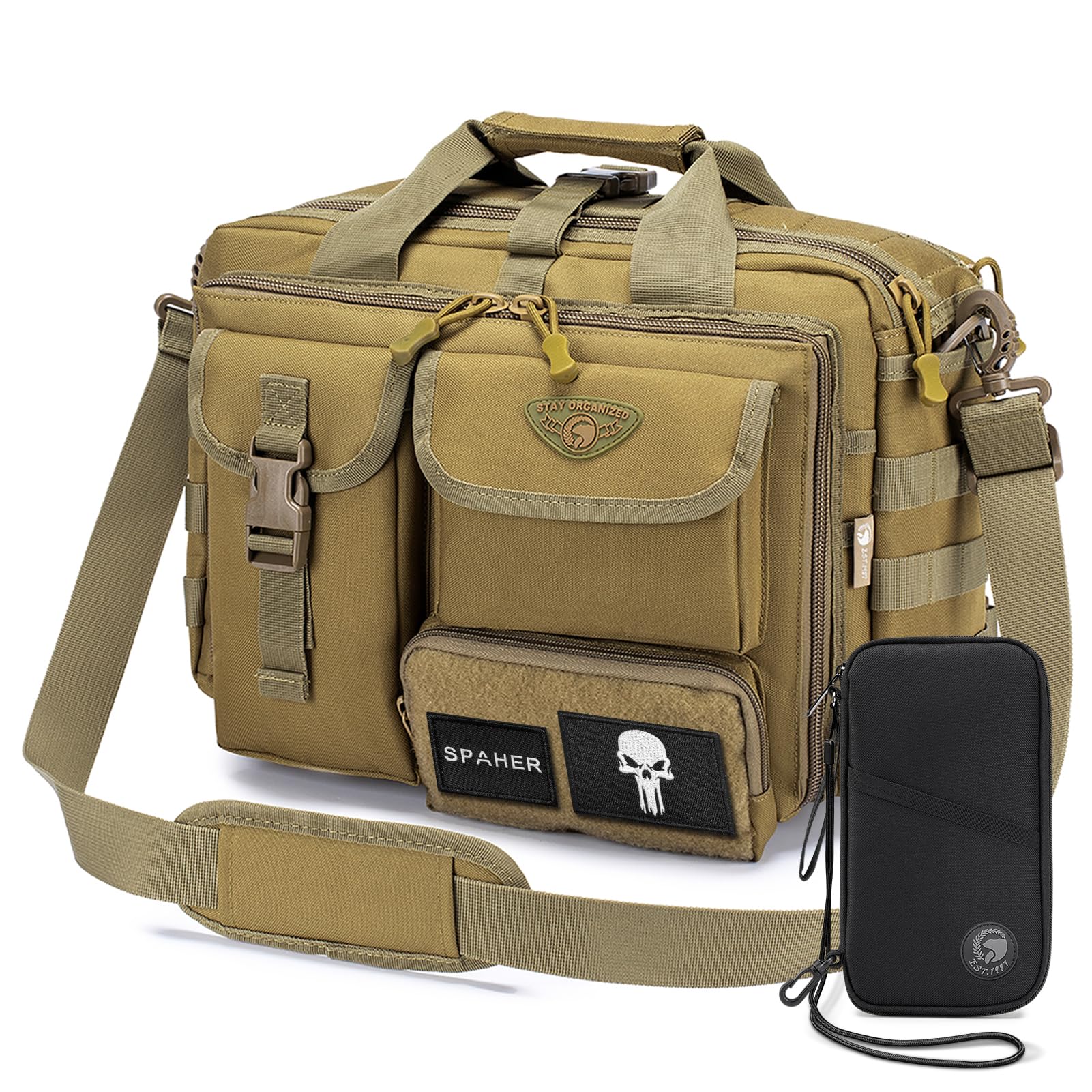 SPAHER Pasta trabalho homem mala de ombro militar tática para computador portátil 14/15,6/17 polegadas porta-documentos mala presente, L-15,6/17" - preto-modelo melhorado, Negócios