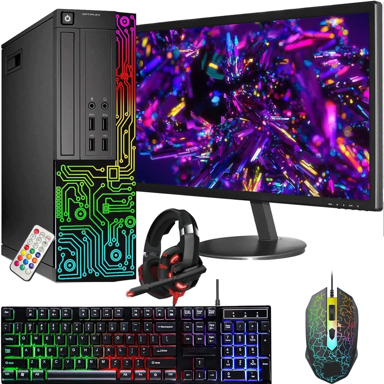Dell Gaming OptiPlex Desktop RGB Computer PC, Intel Core i7, GeForce GT 1030 2GB GDDR5, 16GB RAM, 512GB SSD, 24 Inch HDMI Monitor, Keyboard Mouse and Headset, WiFi, W11 Pro (Renewed)