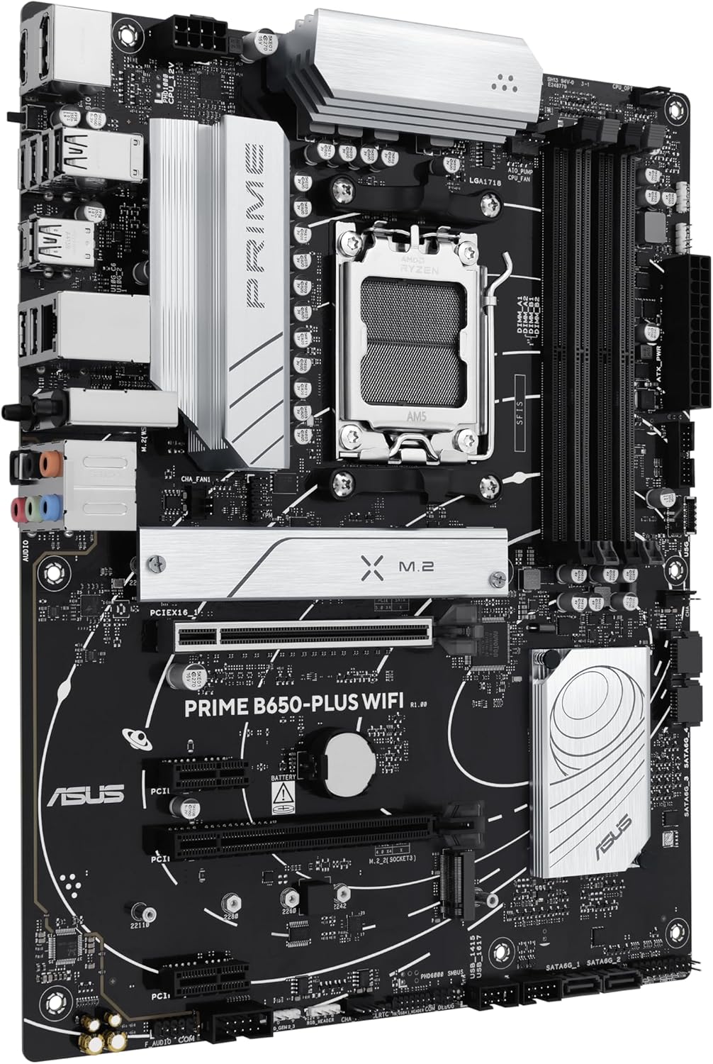 ASUS Prime B650-PLUS WiFi, AMD B650 ATX Motherboard, DDR5, PCIe 5.0 M.2, Realtek 2.5Gb Ethernet, WiFi 6E, DisplayPort, HDMI, SATA 6Gbps, USB 10Gbps Type-C, BIOS Flashback, Thunderbolt 4, Aura Sync