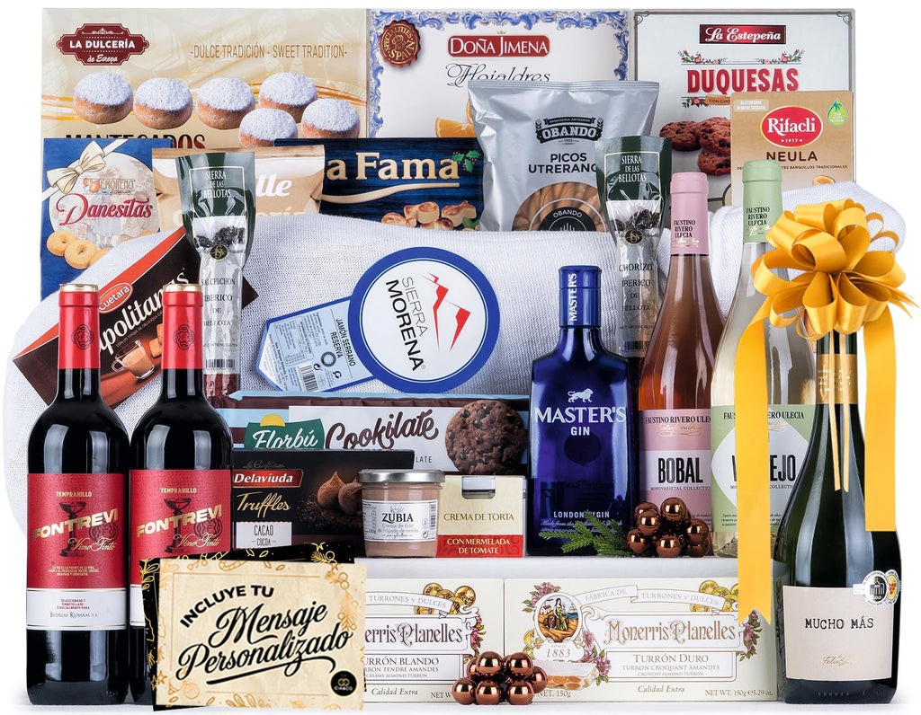 Christmas Basket with Gourmet Ham 2025 (Lot 217) · With Red and White Wine Rioja, Cava, Gin, Beer, Sweets and Iberian · Includes Customizable Card · Ideal Corporate or Family Gift