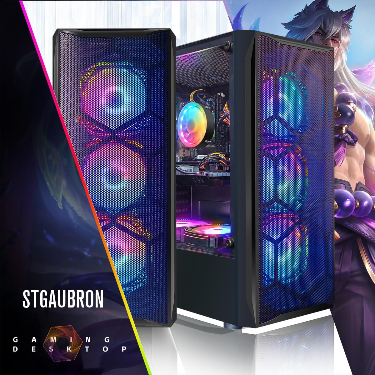 STGAubron Gaming PC Desktop Computer, Intel Core i7 up to 3.9GHz, Radeon RX 580 8G, 16G RAM, 512G SSD, WiFi 6, BT 5.0, RGB Fan x6, Windows 11 Home