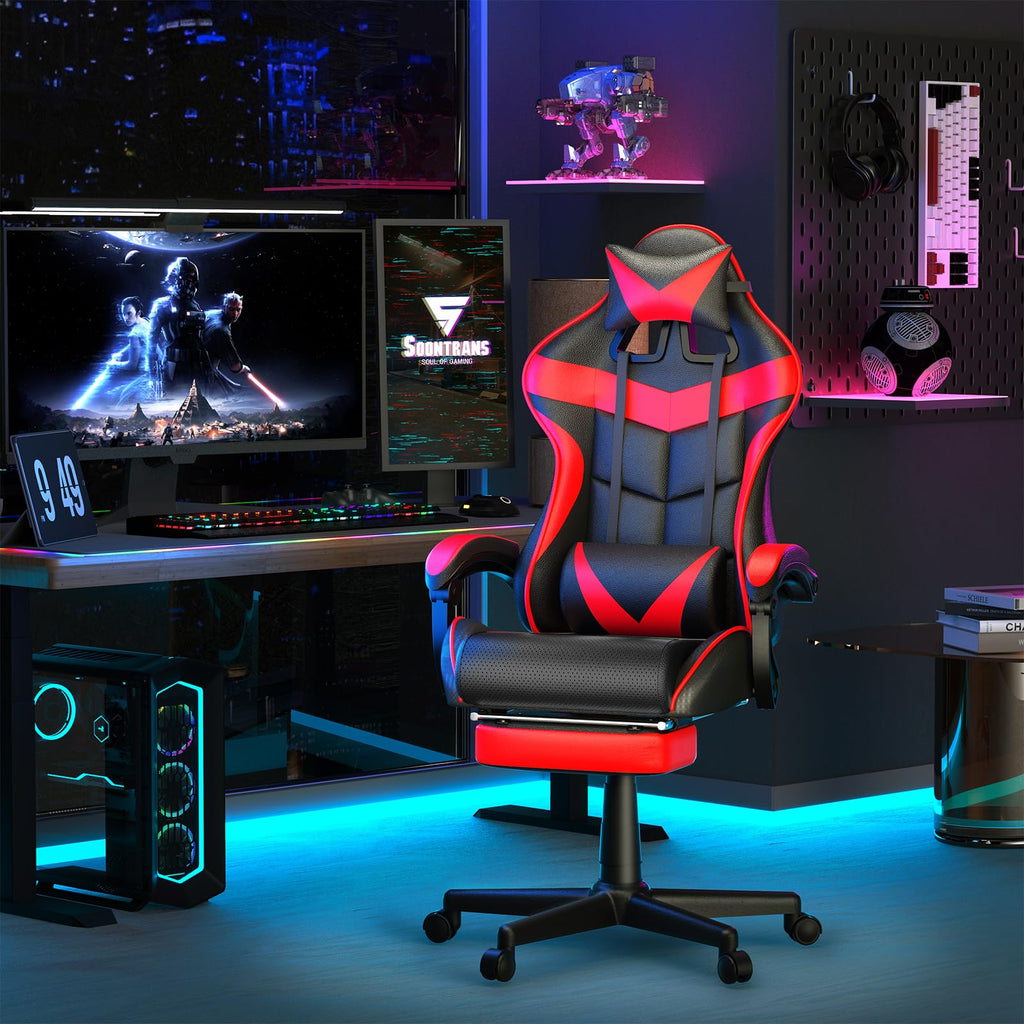 Silla gamer Soontrans con masajeador, reposapiés y reposacabezas, ergonómica, cojín de masaje lumbar, transmisión en vivo de YouTube y PlayStation (azul) 