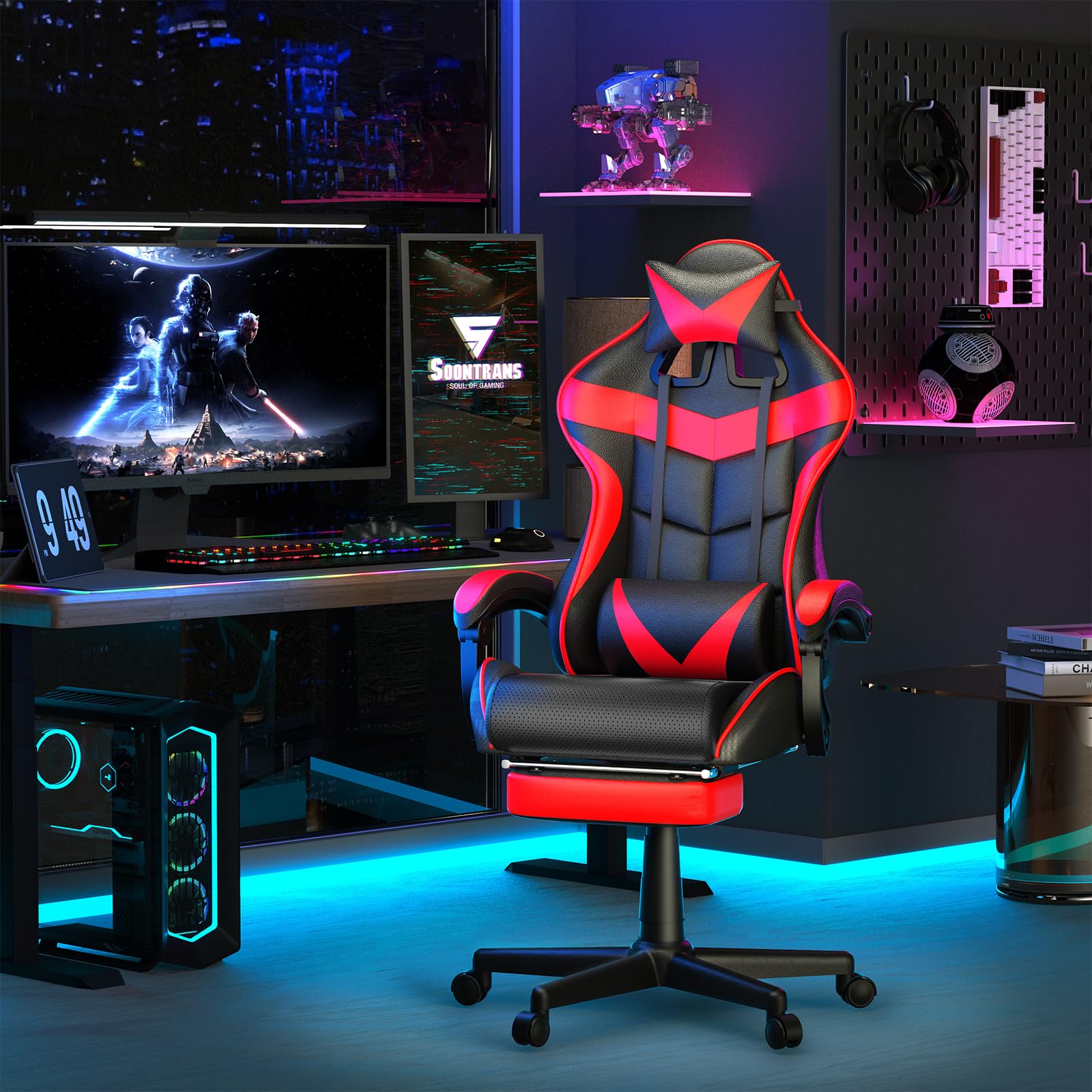Silla gamer Soontrans con masajeador, reposapiés y reposacabezas, ergonómica, cojín de masaje lumbar, transmisión en vivo de YouTube y PlayStation (azul) 
