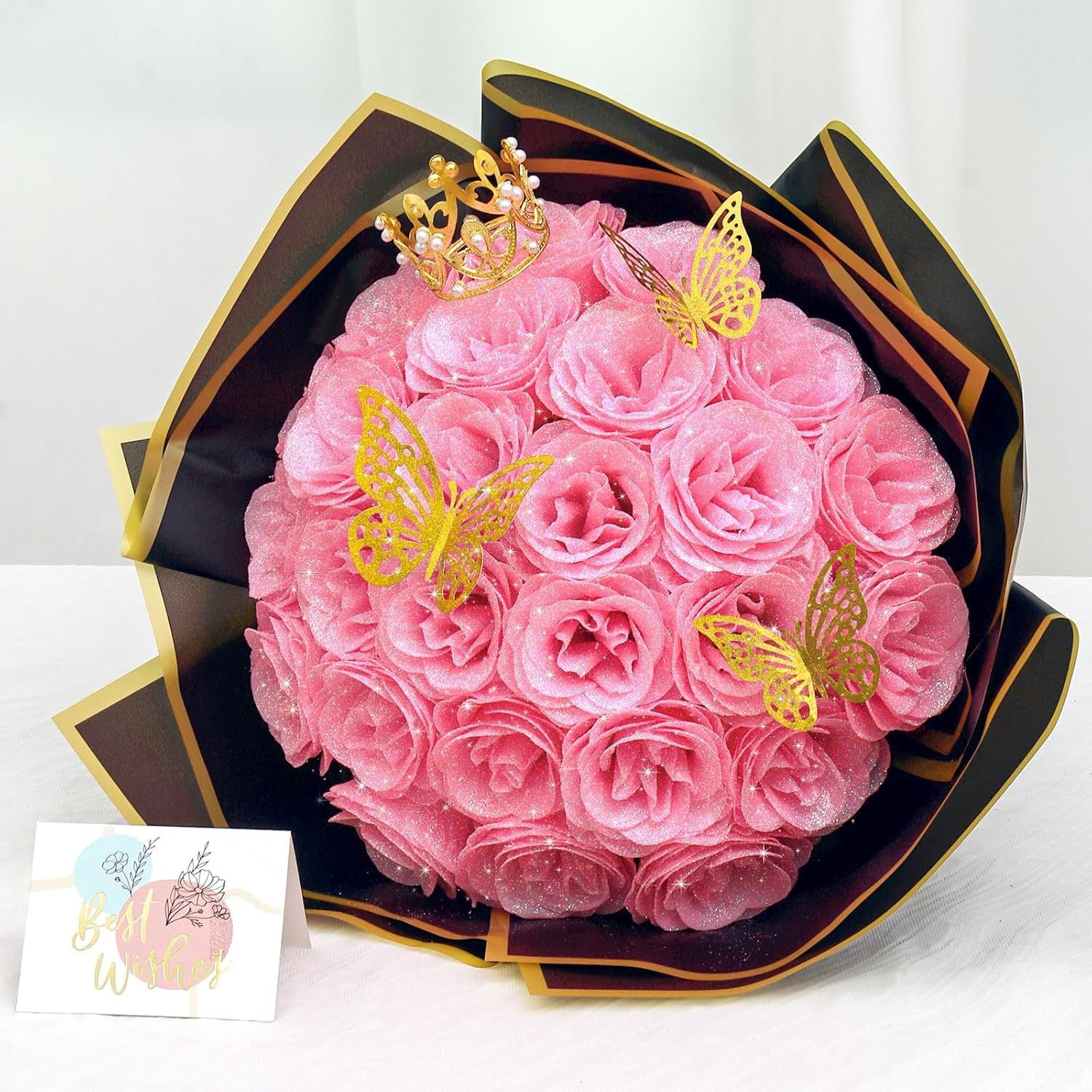 Dremisland Ramo de rosas com purpurinas rosa 26 peças flores artificiais ramo de rosas falsas com haste longa flores falsas para noiva casamento e compromissos casa jardim centros de mesa decoração