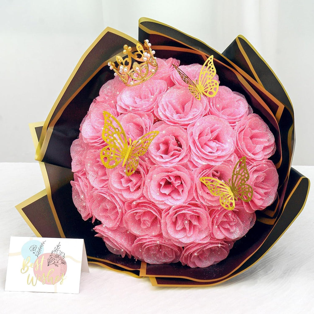 Dremisland Ramo de rosas com purpurinas rosa 26 peças flores artificiais ramo de rosas falsas com haste longa flores falsas para noiva casamento e compromissos casa jardim centros de mesa decoração