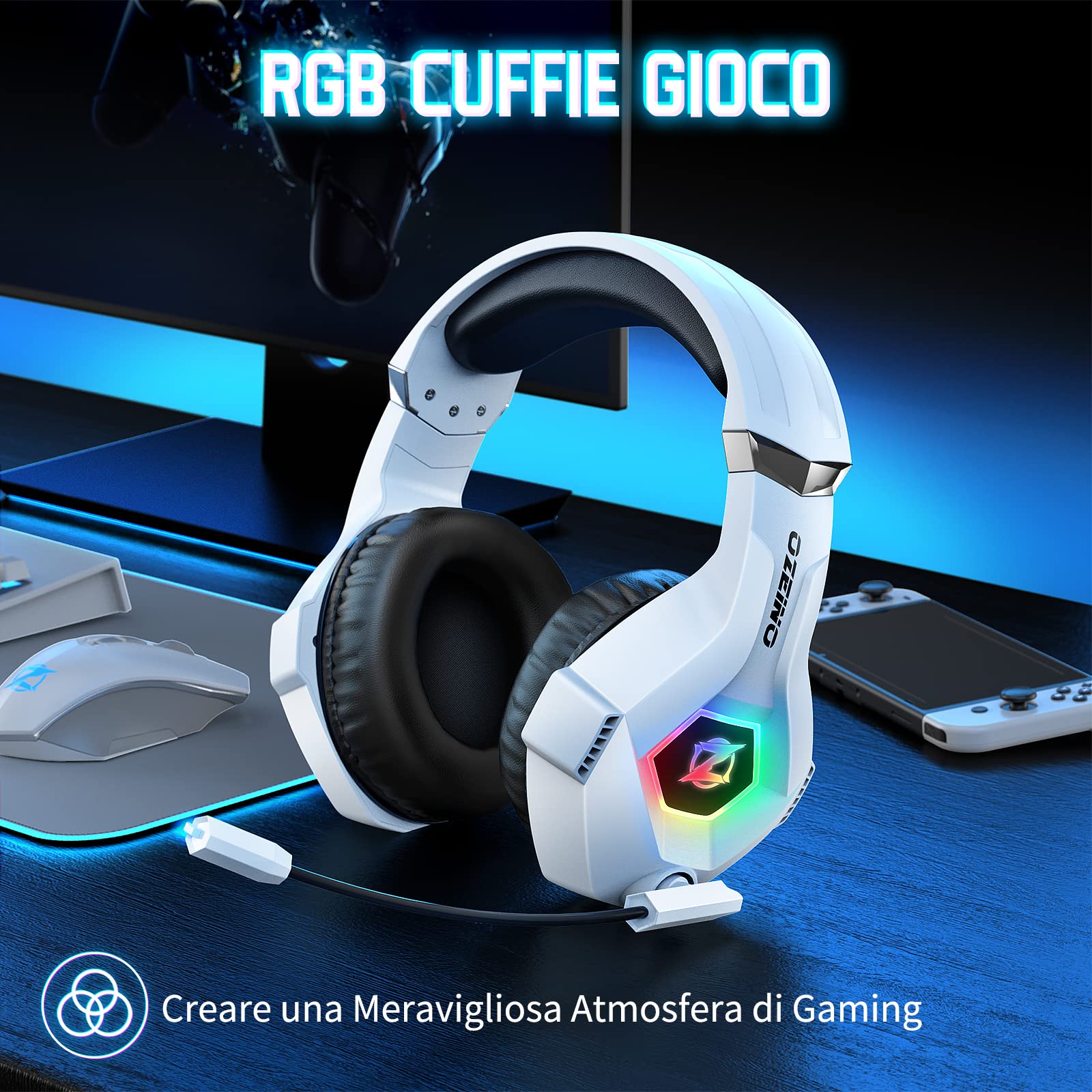 Gaming headset, gaming headset with rotating microphone, RGB light, premium stereo, lightweight comfortable earmuffs, for PS4 PS5 Xbox PC Switch Tablet Laptop 