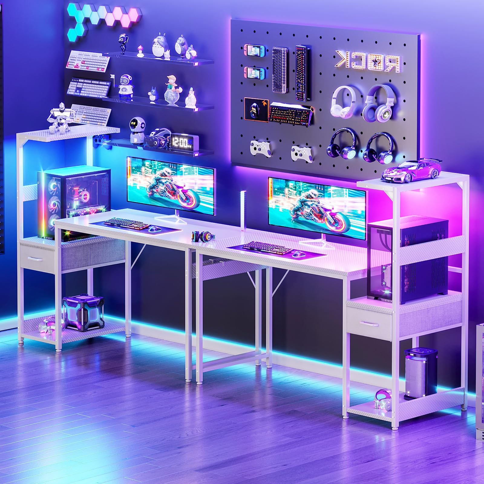 Escritorio para juegos Coleshome con iluminación LED, 120 x 48 cm, cajones y soporte, reversible, con gancho para casco, fibra de carbono negra 