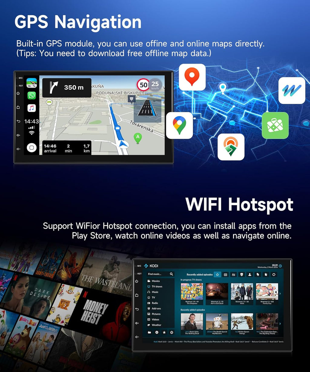 4G+64G Wireless Carplay Android 13 Car Radio 2 DIN with Android Auto GPS Navi WiFi 7 Inch Touchscreen Car Radio with Mirror Link Bluetooth FM/RDS/32EQ/AI DSP/Dab/OBD/DVR/SWC Rear Camera
