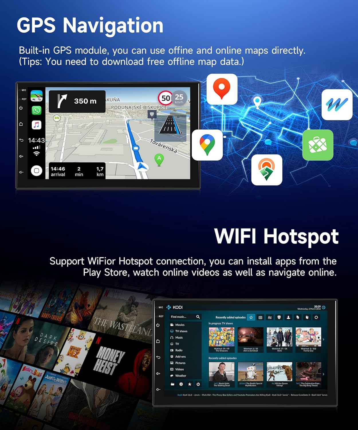4G+64G Wireless Carplay Android 13 Car Radio 2 DIN with Android Auto GPS Navi WiFi 7 Inch Touchscreen Car Radio with Mirror Link Bluetooth FM/RDS/32EQ/AI DSP/Dab/OBD/DVR/SWC Rear Camera