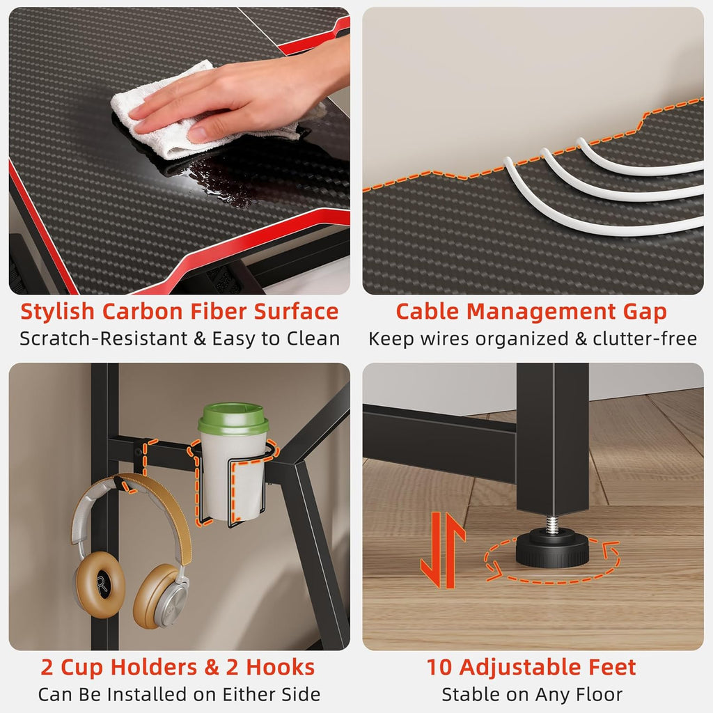 2 Person Computer Desk with Power Strip, Gaming Desk with LED Lights, Storage Rack, Long Double Desk with Monitor Shelf for Home Office, Black&Red Carbon Fiber, 80.8" W