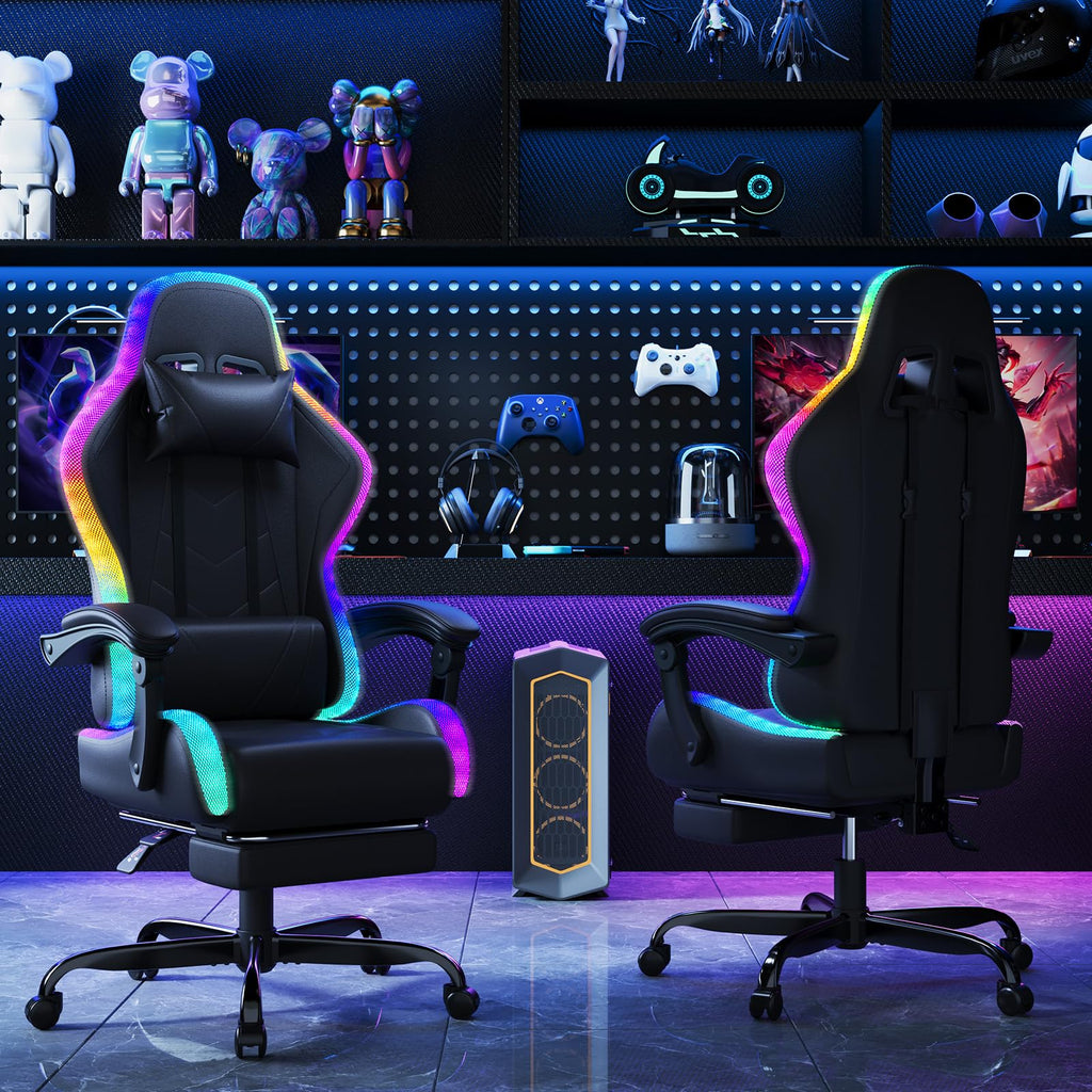 Devoko Cadeira de jogos com massajador e LED, cadeira de escritório ergonómica com apoio para os pés, cadeiras de jogos para escritório e jogos com iluminação RGB(branco)