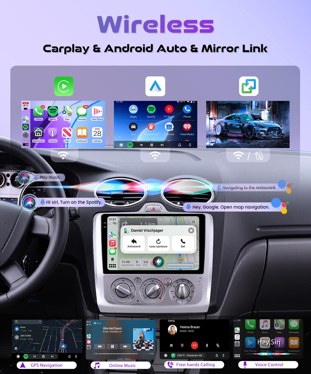 4G+64G Wireless Carplay Android Car Radio for Ford Focus Mk2 Mk3 Exi MT 2 3 2004-2011 9 Inch Incell Screen Car Radio Android Auto GPS Navi WiFi Bluetooth FM/RDS EQ/USB/SWC Rear Camera