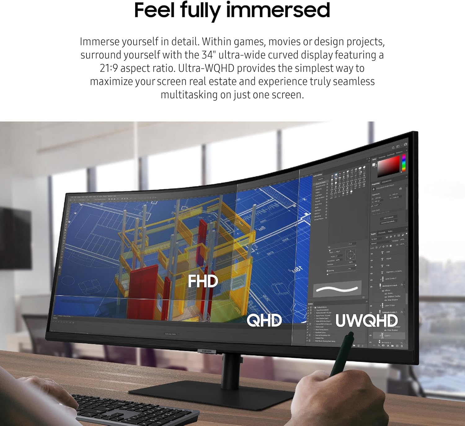 SAMSUNG Viewfinity S65UA Series 34-Inch Ultrawide QHD Curved Monitor, 100Hz, USB-C, HDR10 (1 Billion Colors), Height Adjustable Stand, TUV-certified Intelligent Eye Care (LS34A654UBNXGO),Black