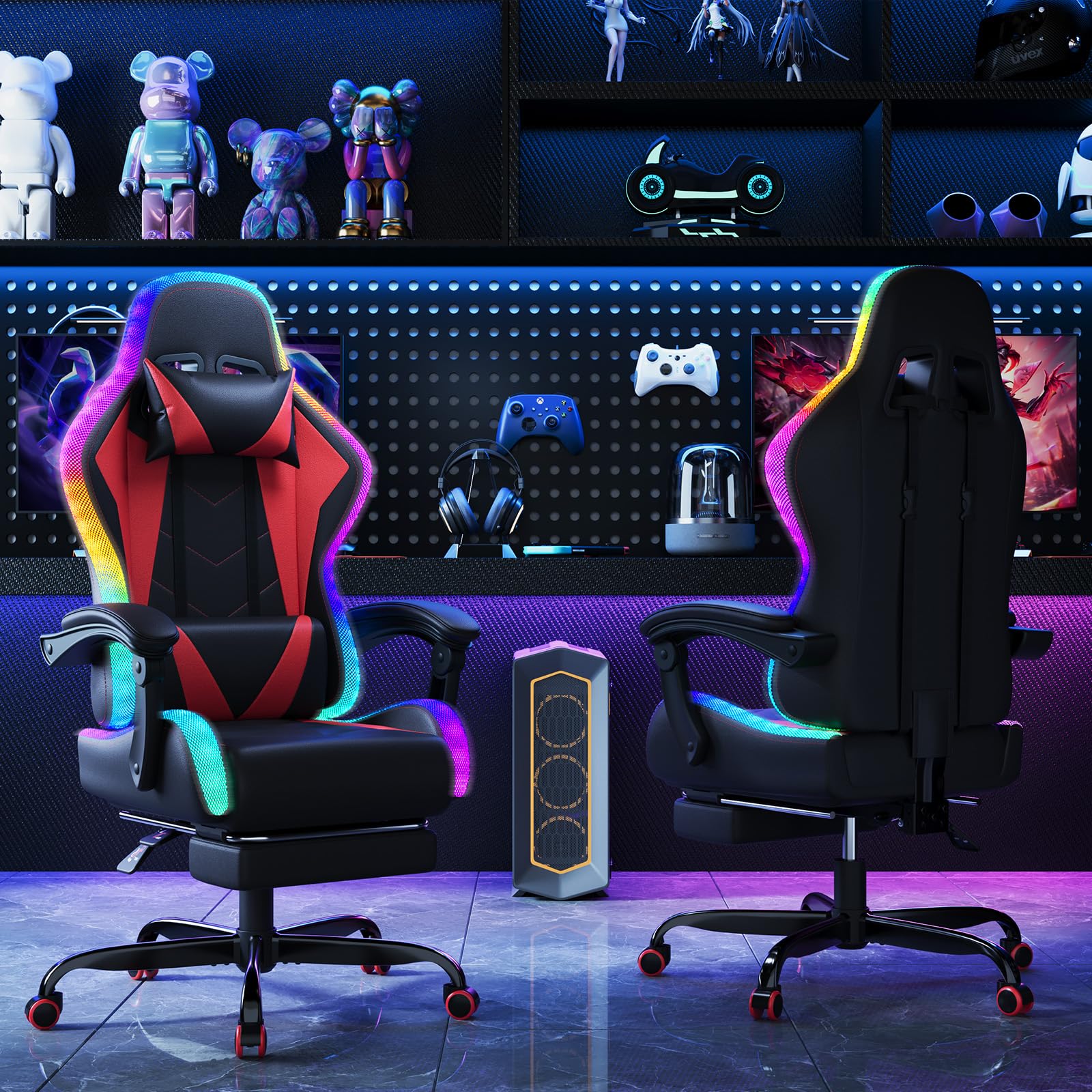 Devoko Cadeira de jogos com massajador e LED, cadeira de escritório ergonómica com apoio para os pés, cadeiras de jogos para escritório e jogos com iluminação RGB(branco)