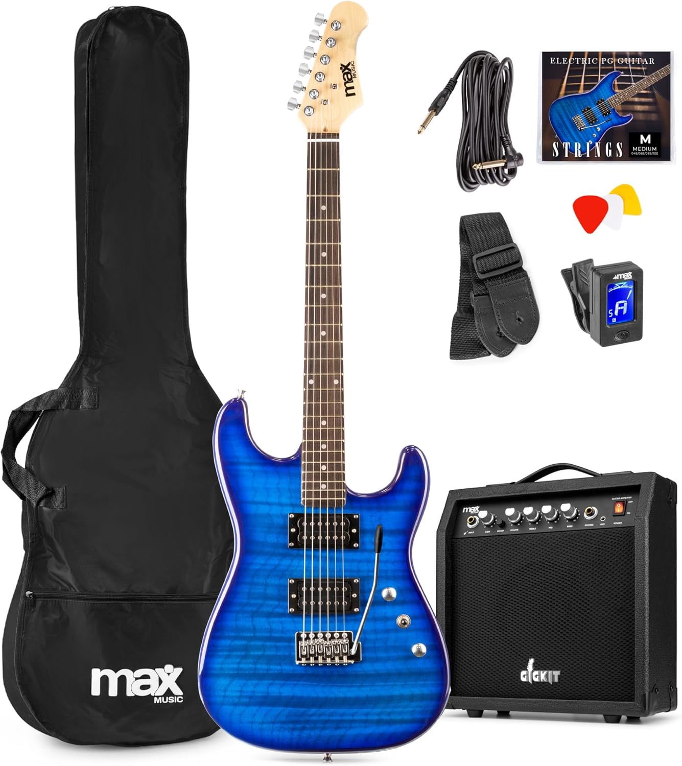 MAX GigKit Pack guitarra elétrica azul escuro Quilted com amplificador de 40 W, ajustador, capa, correia e conjunto de cordas, conjunto de iniciação completo para iniciantes ou presente musical