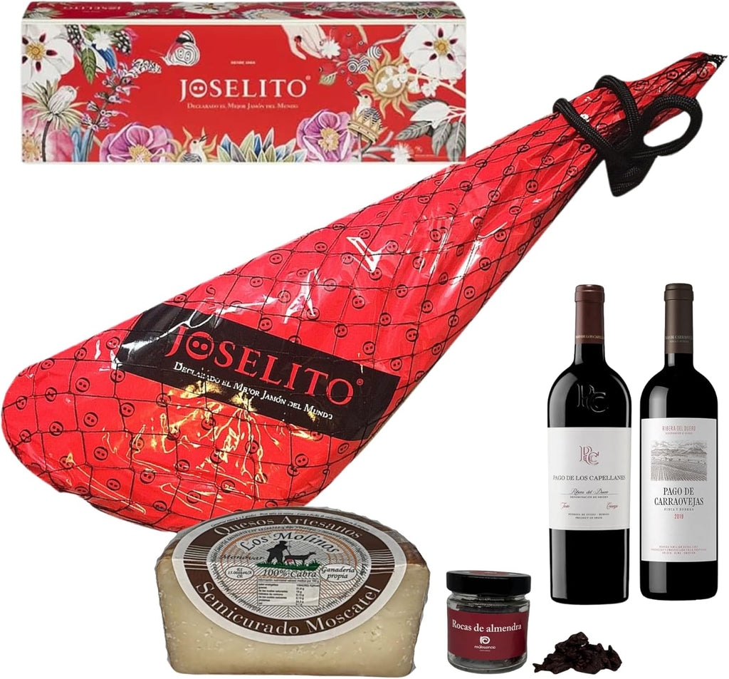 ENOVINOS Cesta Gourmet presente de Natal empresas, família e amigos - caixa com presunto Joselito, vinho tinto, capelanes criança, queijo, os moinhos e rochas de Raull Assento