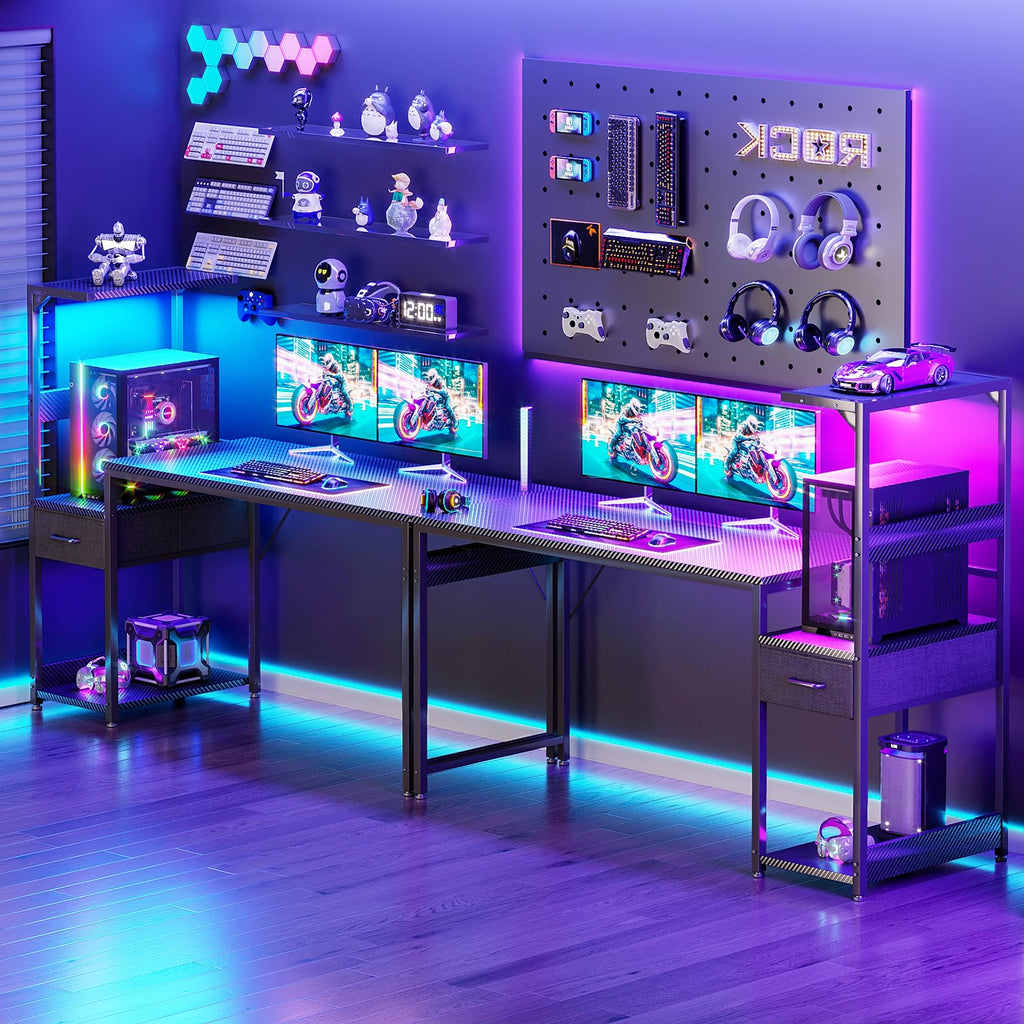 Escritorio para juegos Coleshome con iluminación LED, 120 x 48 cm, cajones y soporte, reversible, con gancho para casco, fibra de carbono negra 