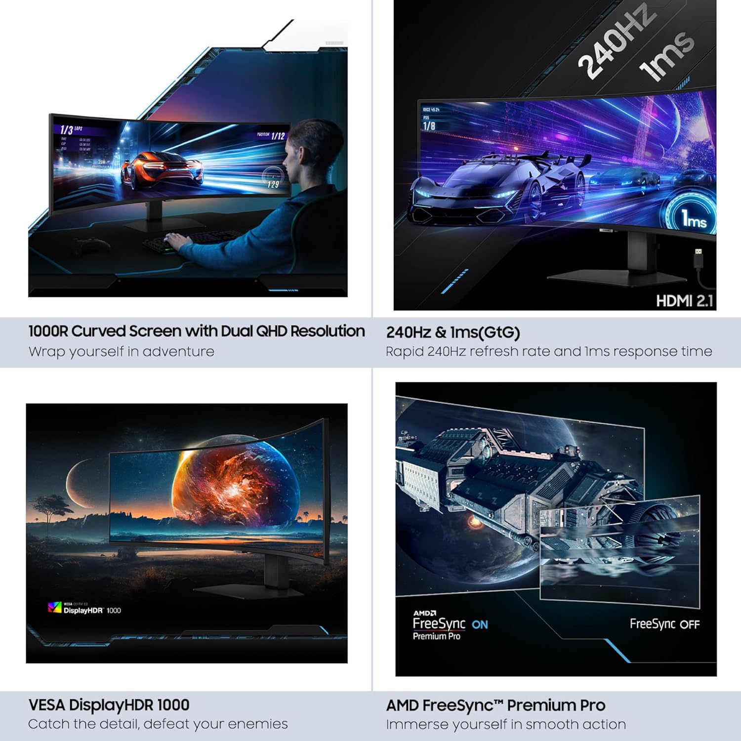 Samsung 49” Odyssey G9 Series DQHD 1000R Curved Gaming Monitor, 1ms(GtG), VESA DisplayHDR 1000, 240Hz, AMD FreeSync Premium Pro, Height Adjustable Stand, Ultrawide Screen, LS49CG954ENXZA, 2024