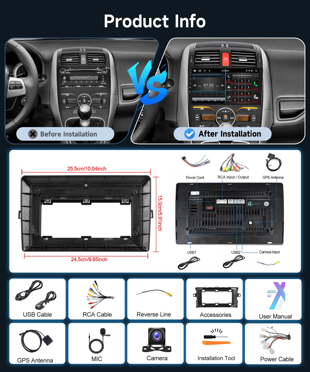 4G+64G Wireless Carplay Android 13 Car Radio 2 DIN for Toyota AURIS 2006-2011 10.1 Inch Car Radio with Android Auto GPS Navi WiFi Mirror Link Bluetooth FM/RDS/32 EQ/SWC Rear Camera