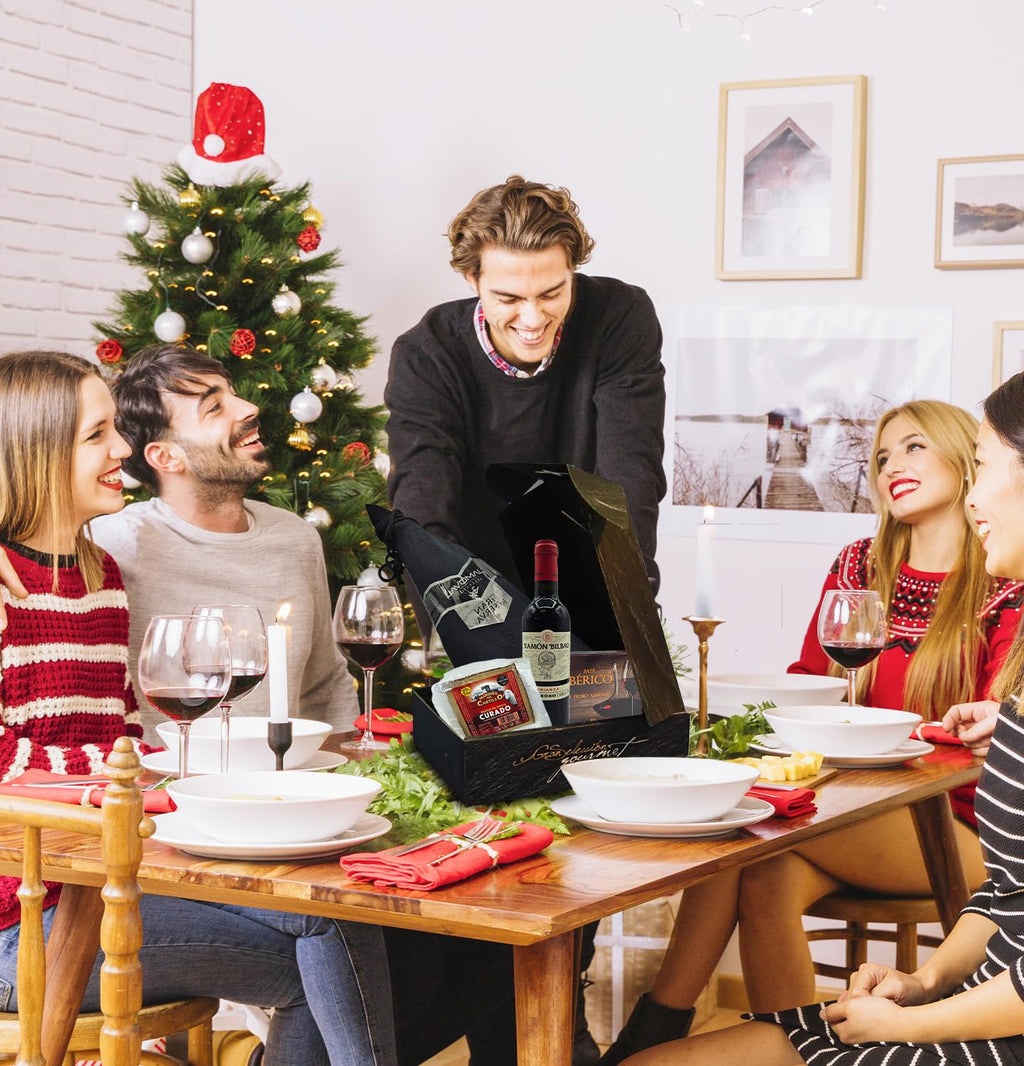 Cesto Gourmet para oferecer M | Perfeita como presente cesta de Natal para empresas, presunto ibérico de isca vinho tempranillo creme de morcela e creme de sobretudo par par PX pack polvones e balões