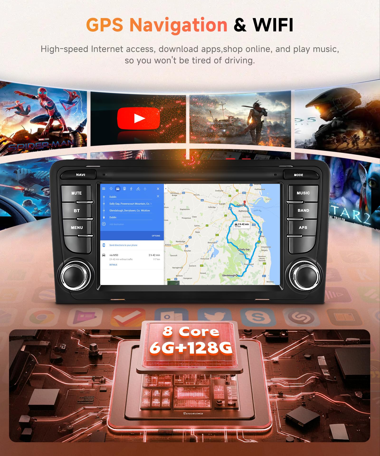 6G+128G 8 Core Wireless Carplay Android Car Radio for Audi A3 8P A3 8P1 S3 RS3 8P RS3 Sportback 7 Inch Car Radio Android Auto GPS Navi WiFi Mirror Link Bluetooth FM/RDS/DSP Rear Camera