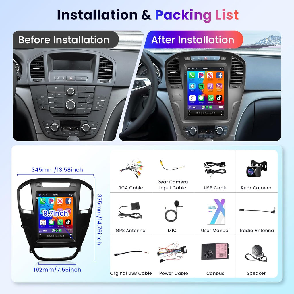 6G+128G 8 Core Wireless Carplay Android Car Radio for Opel Insignia Buick Regal 2009-2013 9.7 Inch Car Radio with Android Auto GPS Navi WiFi Mirror Link Bluetooth FM/RDS/DSP Rear Camera