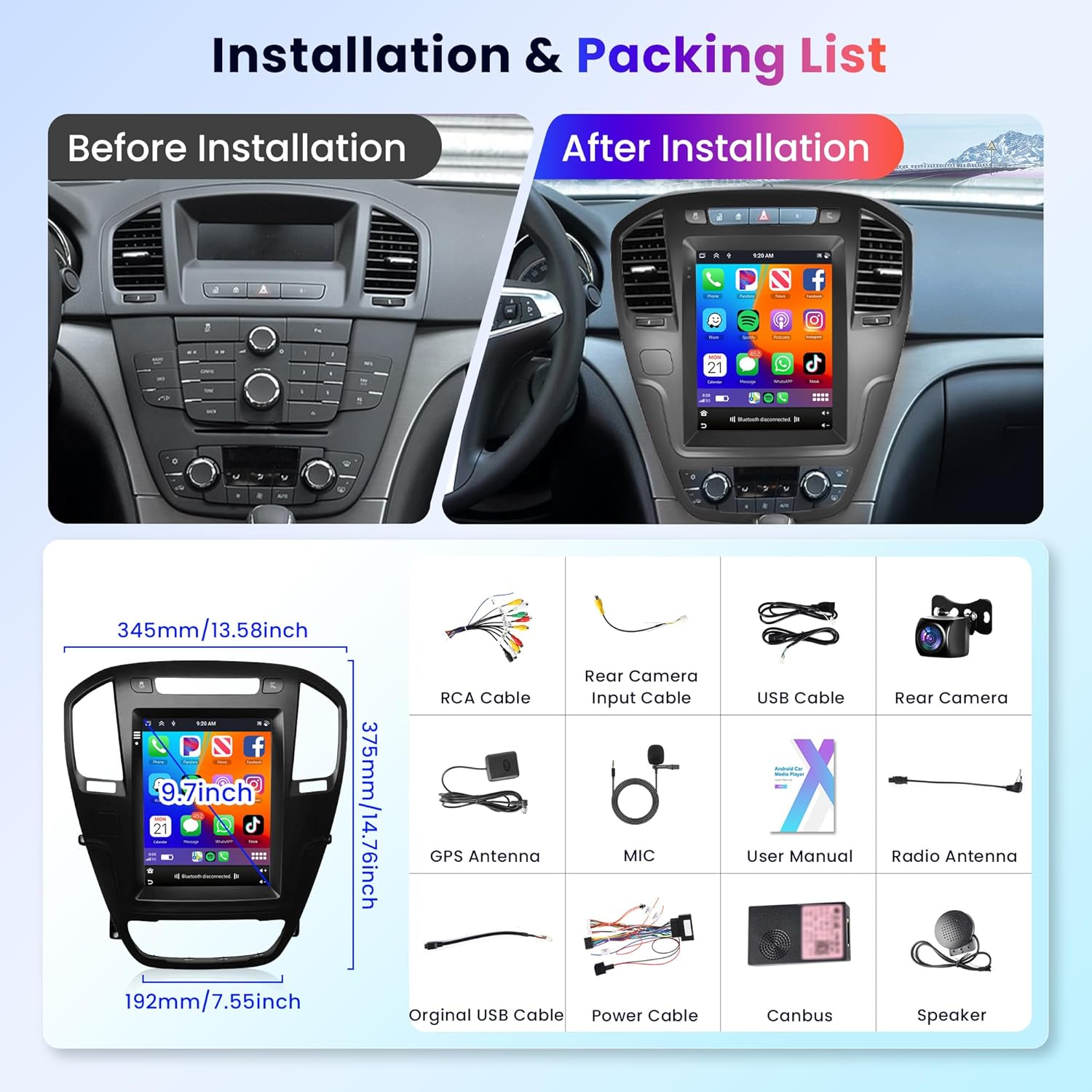 6G+128G 8 Core Wireless Carplay Android Car Radio for Opel Insignia Buick Regal 2009-2013 9.7 Inch Car Radio with Android Auto GPS Navi WiFi Mirror Link Bluetooth FM/RDS/DSP Rear Camera