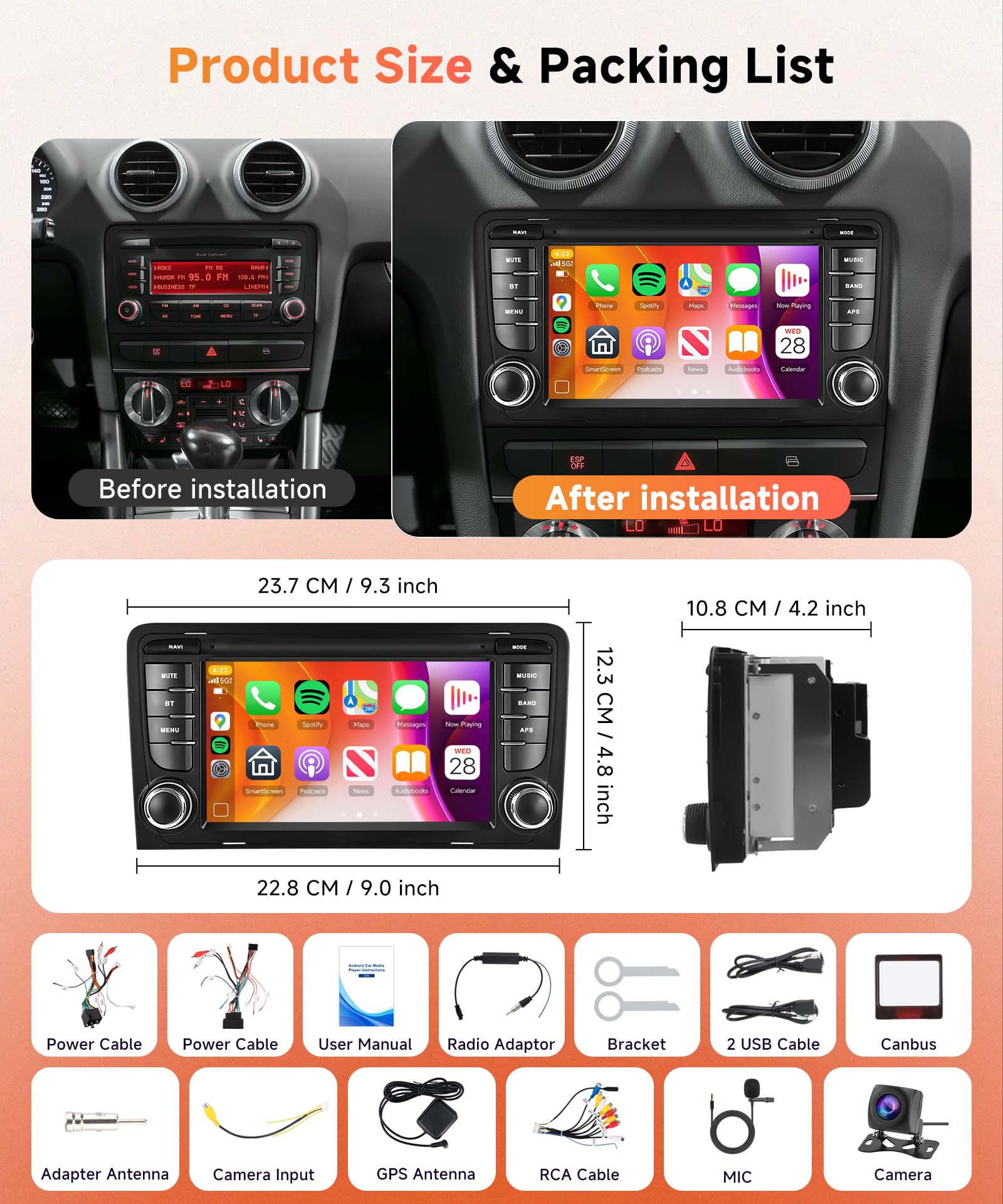 6G+128G 8 Core Wireless Carplay Android Car Radio for Audi A3 8P A3 8P1 S3 RS3 8P RS3 Sportback 7 Inch Car Radio Android Auto GPS Navi WiFi Mirror Link Bluetooth FM/RDS/DSP Rear Camera